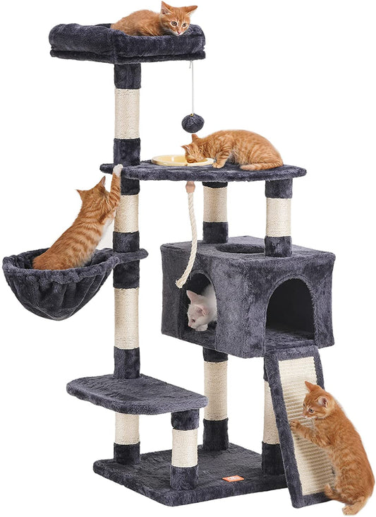 Purr-fect Condo: The Feline High-Rise with Scratchin' Board & Dinner Dish - Smoky Gray Edition!