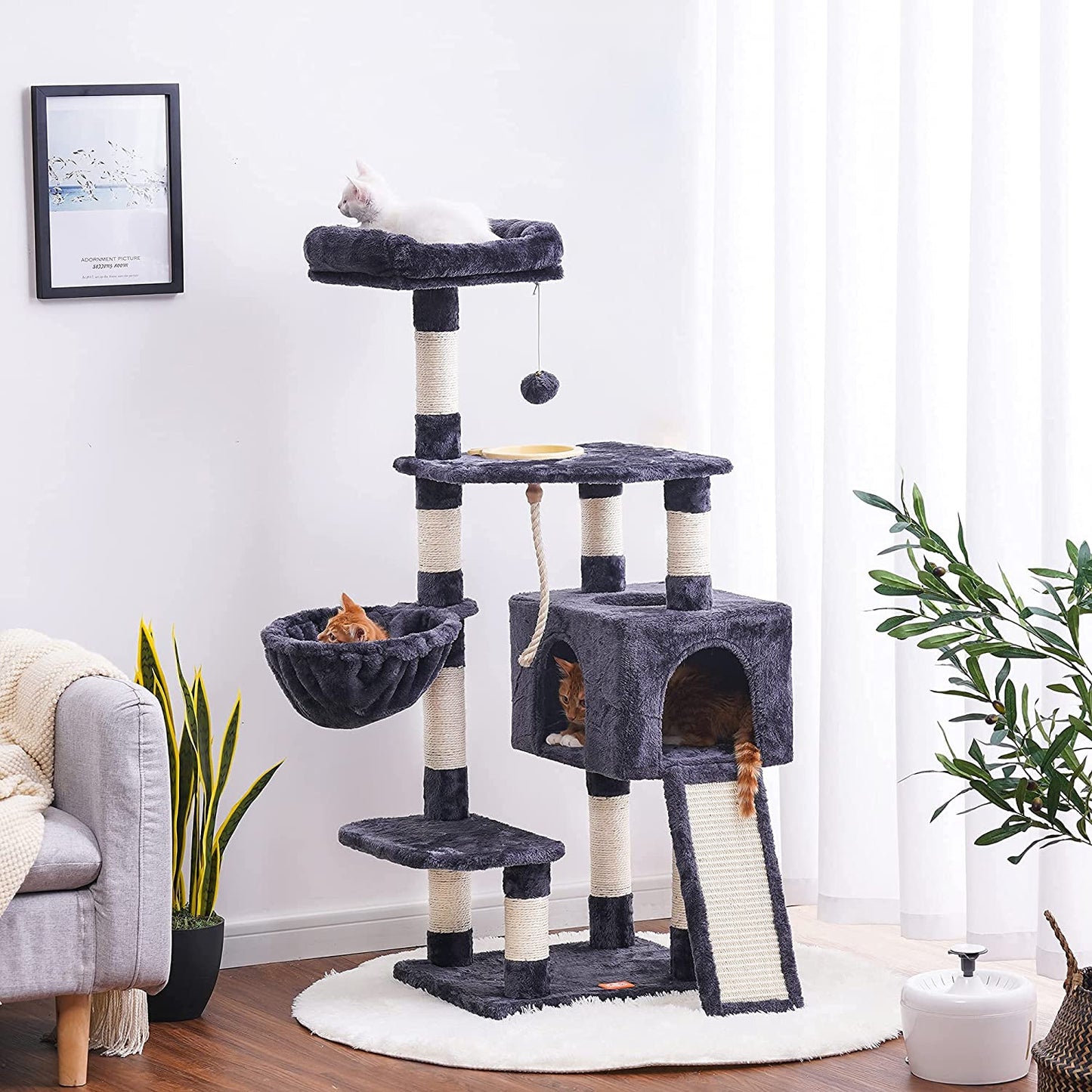 Purr-fect Condo: The Feline High-Rise with Scratchin' Board & Dinner Dish - Smoky Gray Edition!