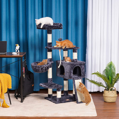 Purr-fect Condo: The Feline High-Rise with Scratchin' Board & Dinner Dish - Smoky Gray Edition!